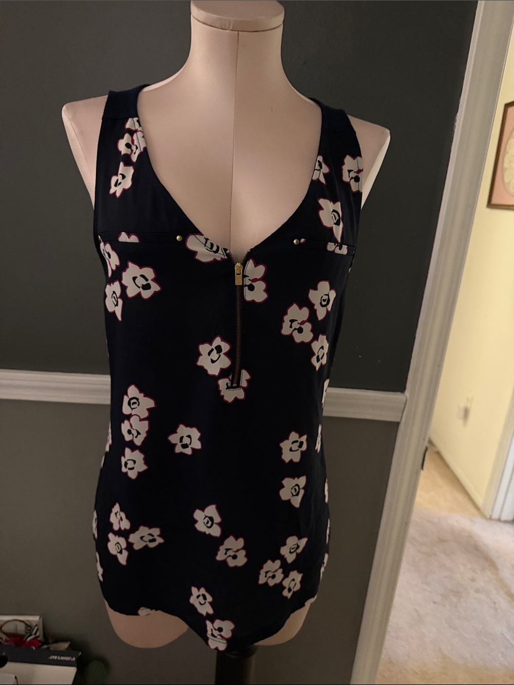 Floral Zip Tank Top in navy and white